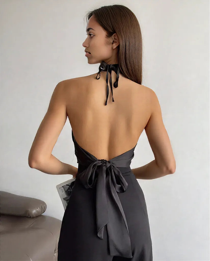 Backless Vest Top With Belt Hanging Neck