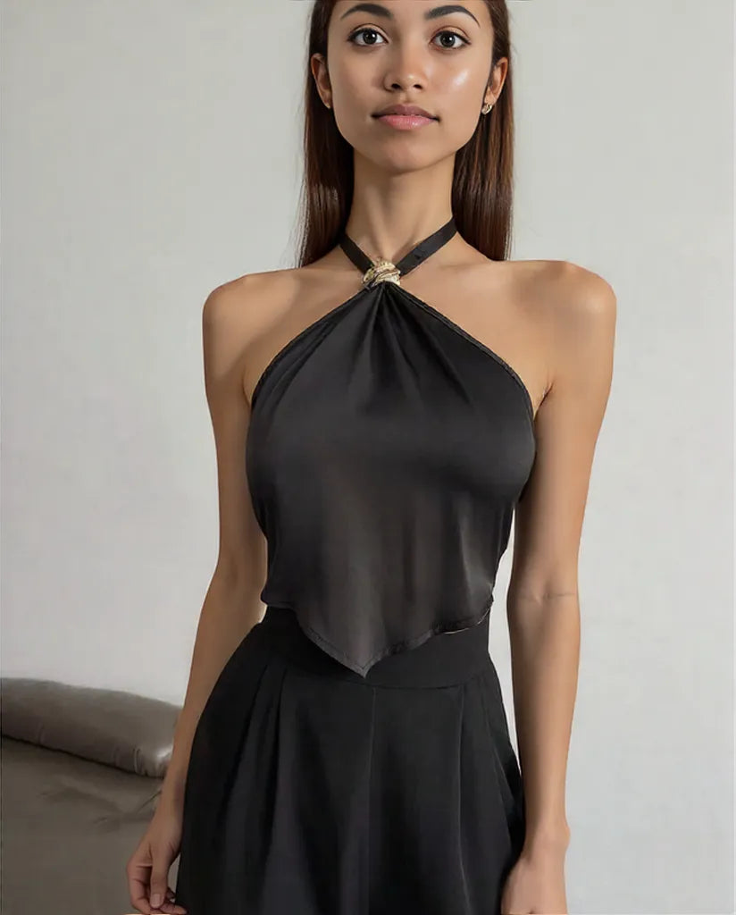Backless Vest Top With Belt Hanging Neck