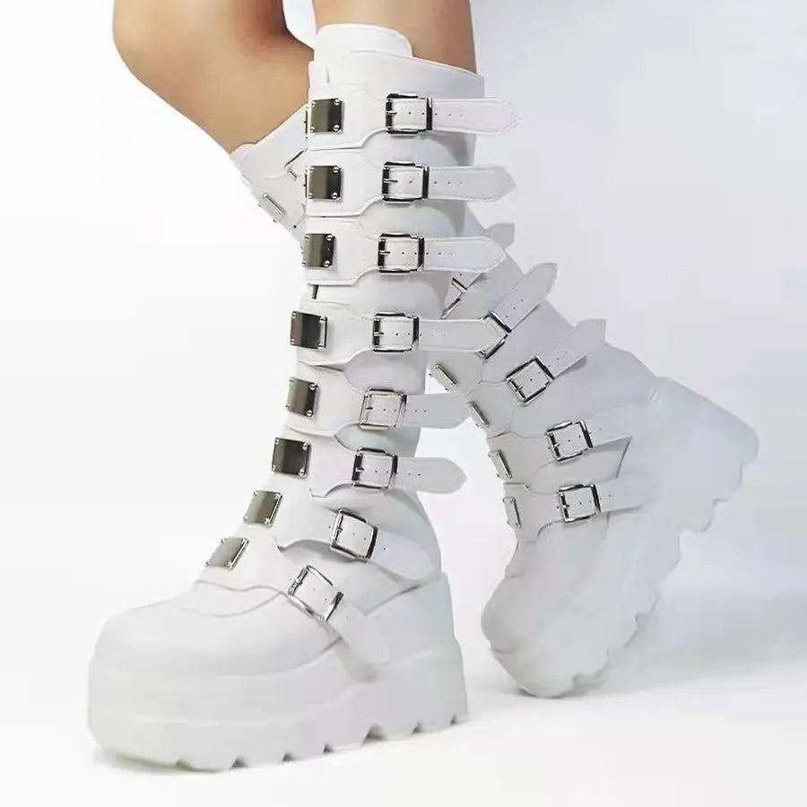 Women's Punk Streetwear Solid Color Round Toe Riding Boots 38 White