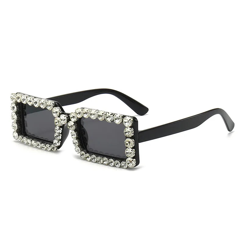 Retro Fashion Diamond Embedded Square Frame Sunglasses UV400 UV Protection Bright Black Frame Gray Lens