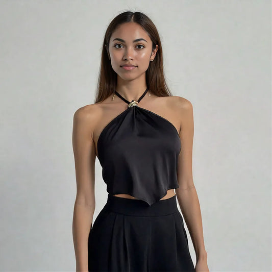 Backless Vest Top With Belt Hanging Neck