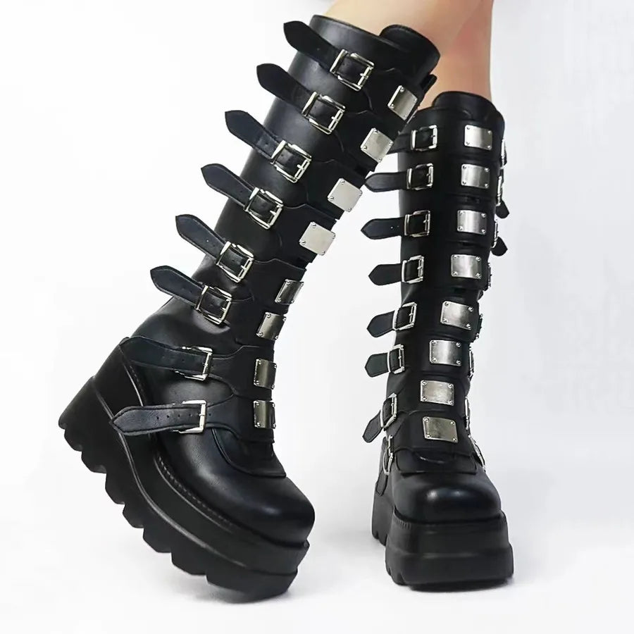 Women's Punk Streetwear Solid Color Round Toe Riding Boots