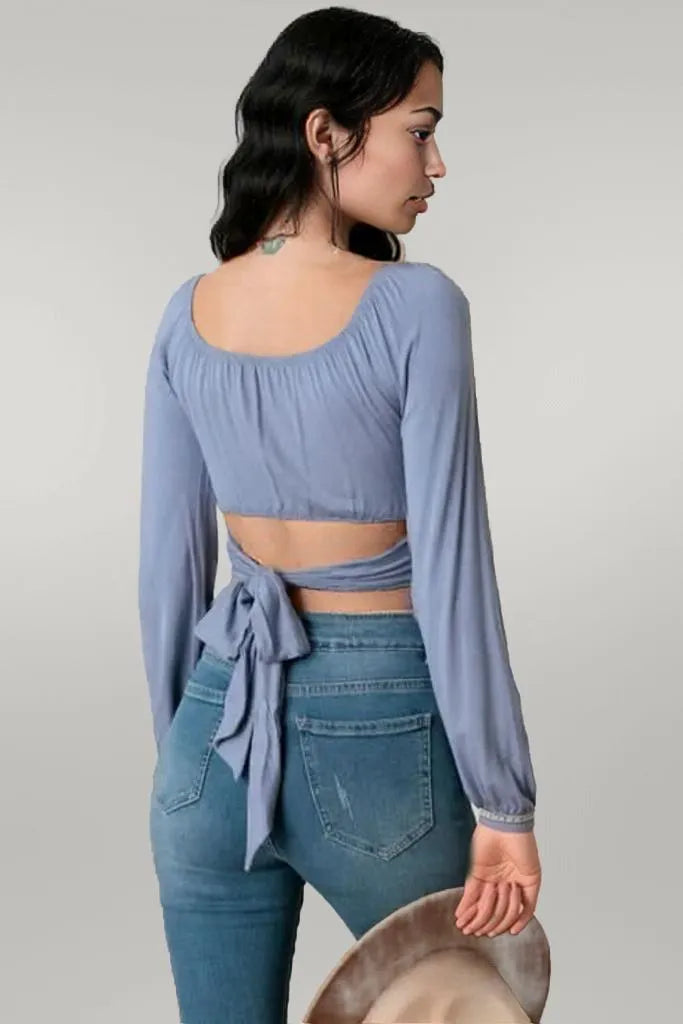 Square Neck Back Tie Puff Long Sleeve Crop Top