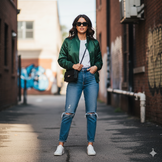 A woman in a green bomber jacket