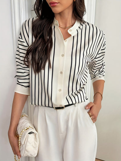 Striped Mock Neck Long Sleeve Shirt Cream