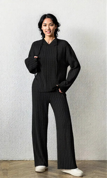 Ribbed Drawstring Hoodie and Pants Set