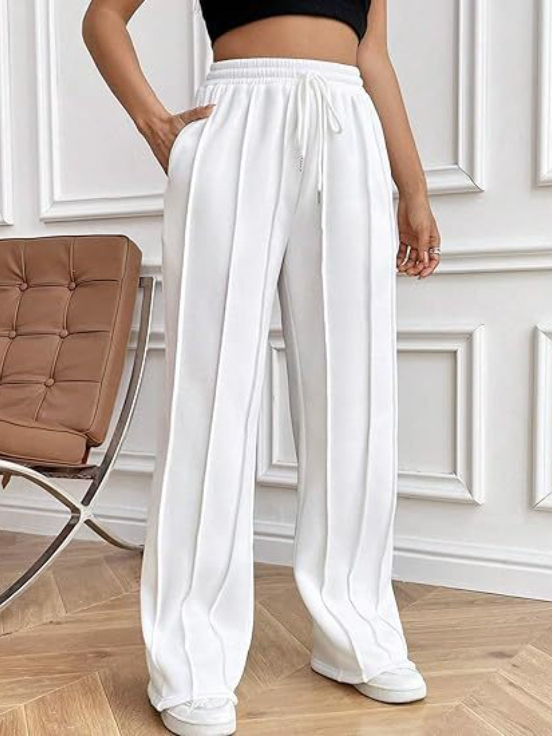 Drawstring Wide Leg Pants with Pockets White