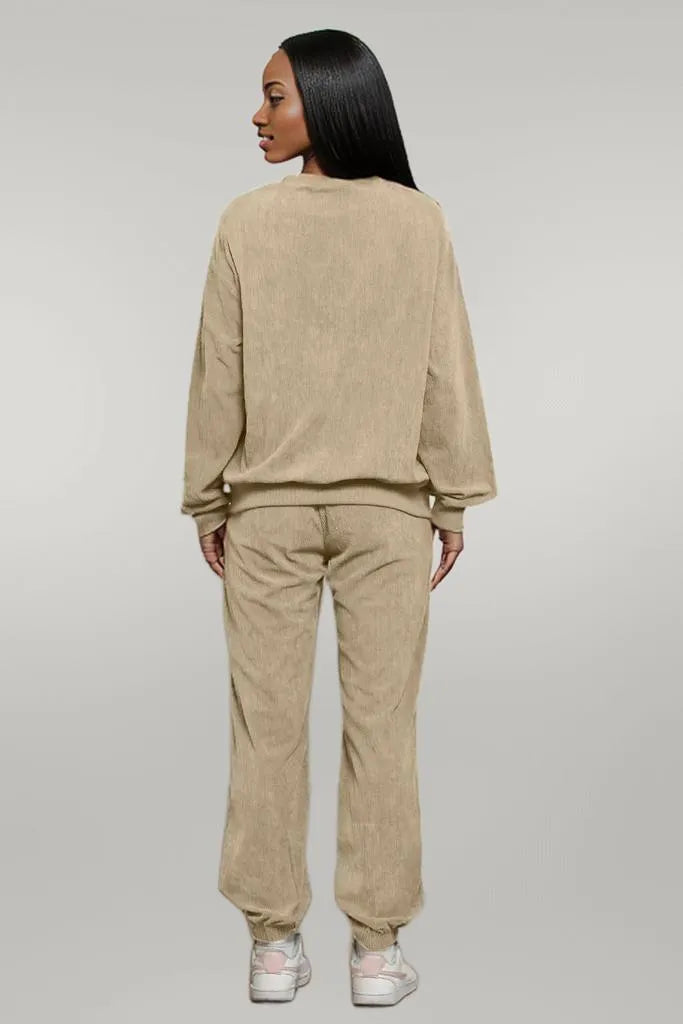Corduroy Round Neck Sweatshirt and Sweatpants Set