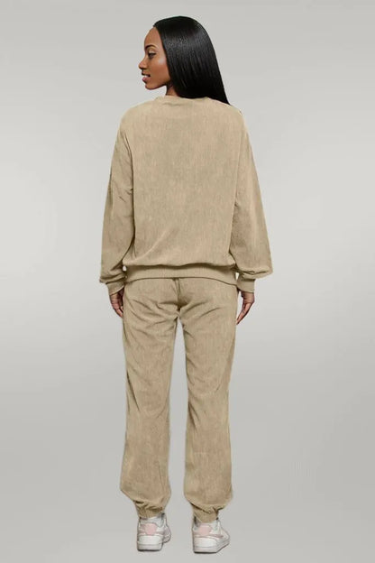 Corduroy Round Neck Sweatshirt and Sweatpants Set