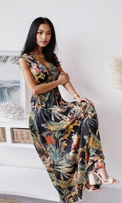 Leaf Print Sleeveless Maxi Dress