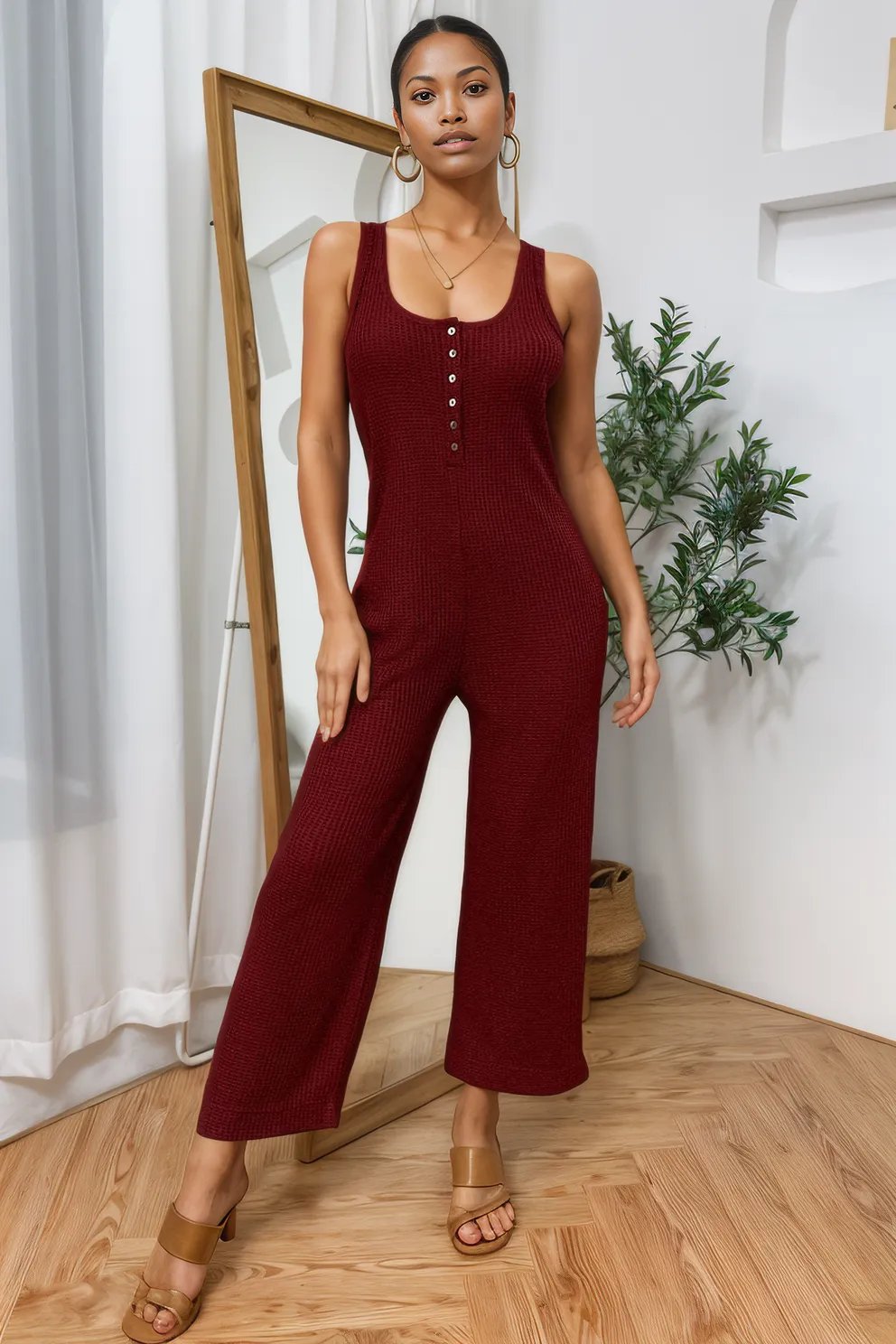 Sleeveless Straight Leg Jumpsuit Brick Red