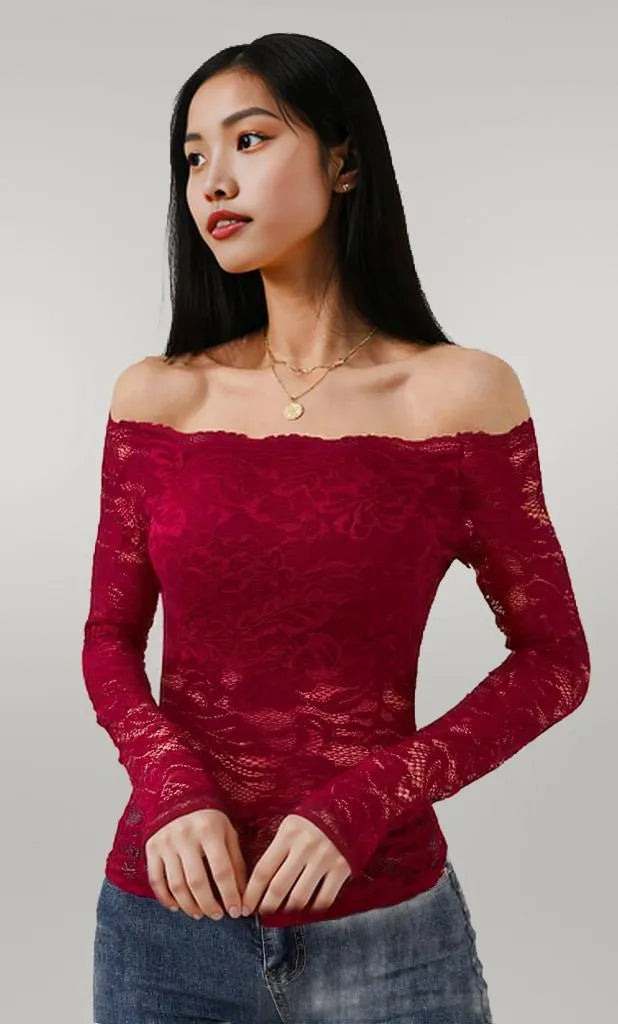 Off-Shoulder Long Sleeve Lace Top