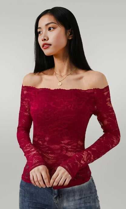 Off-Shoulder Long Sleeve Lace Top