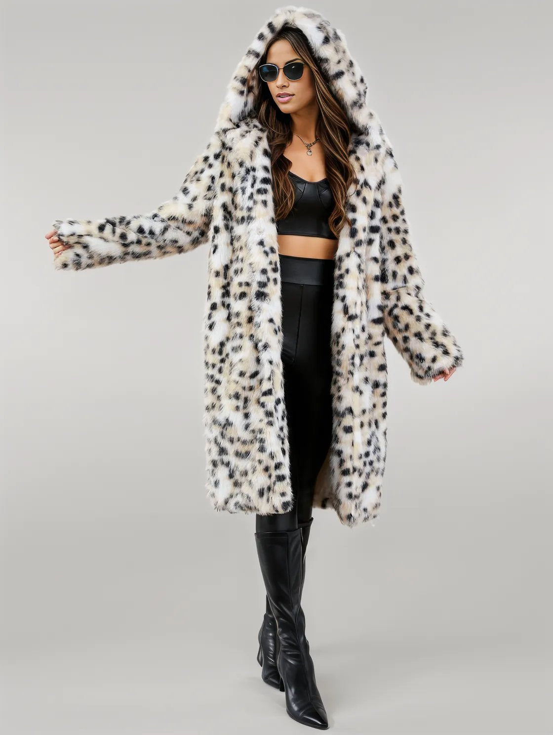 Thermal Leopard Faux Fur Hooded Outerwear