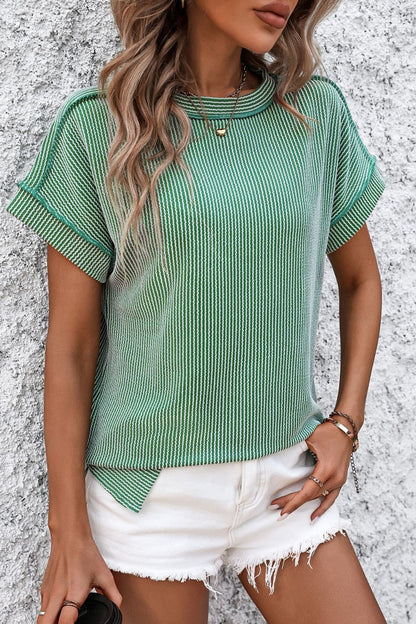 Mandy Striped Round Neck Short Sleeve T-Shirt Green