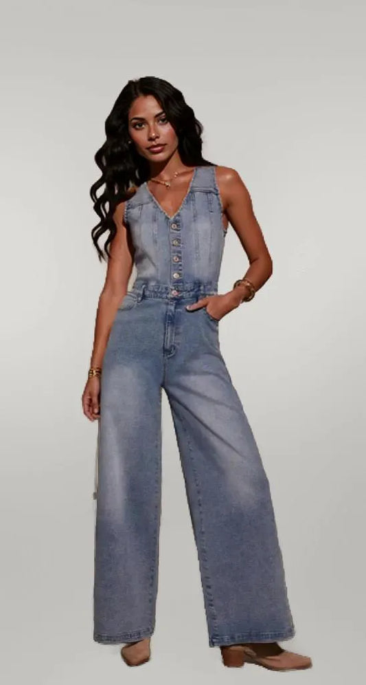 V-neck Wide Leg Denim Jumpsuit Medium