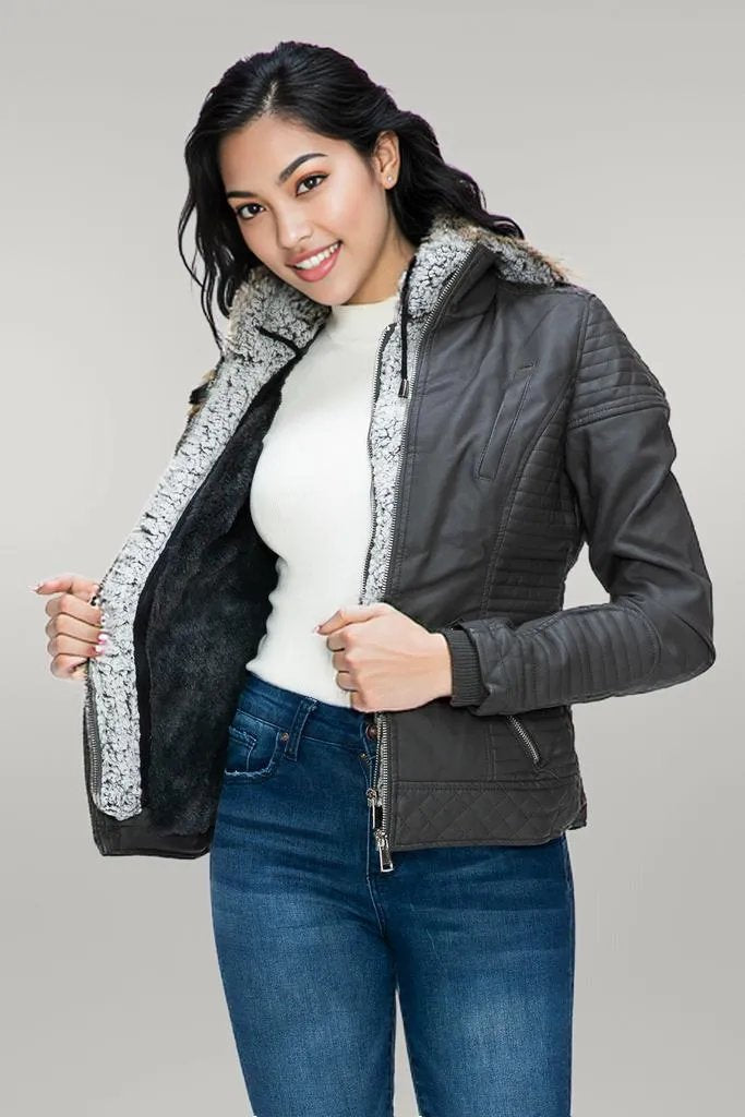 YMI Faux Layered Double-Zipper Jacket with Fuzzy Hood
