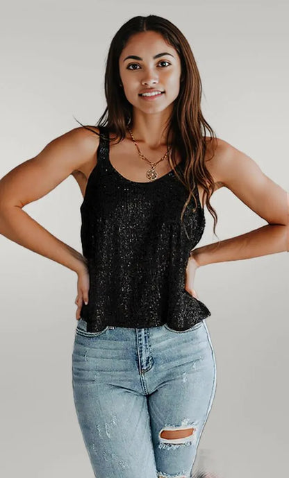 Sequin Scoop Neck Tank Black