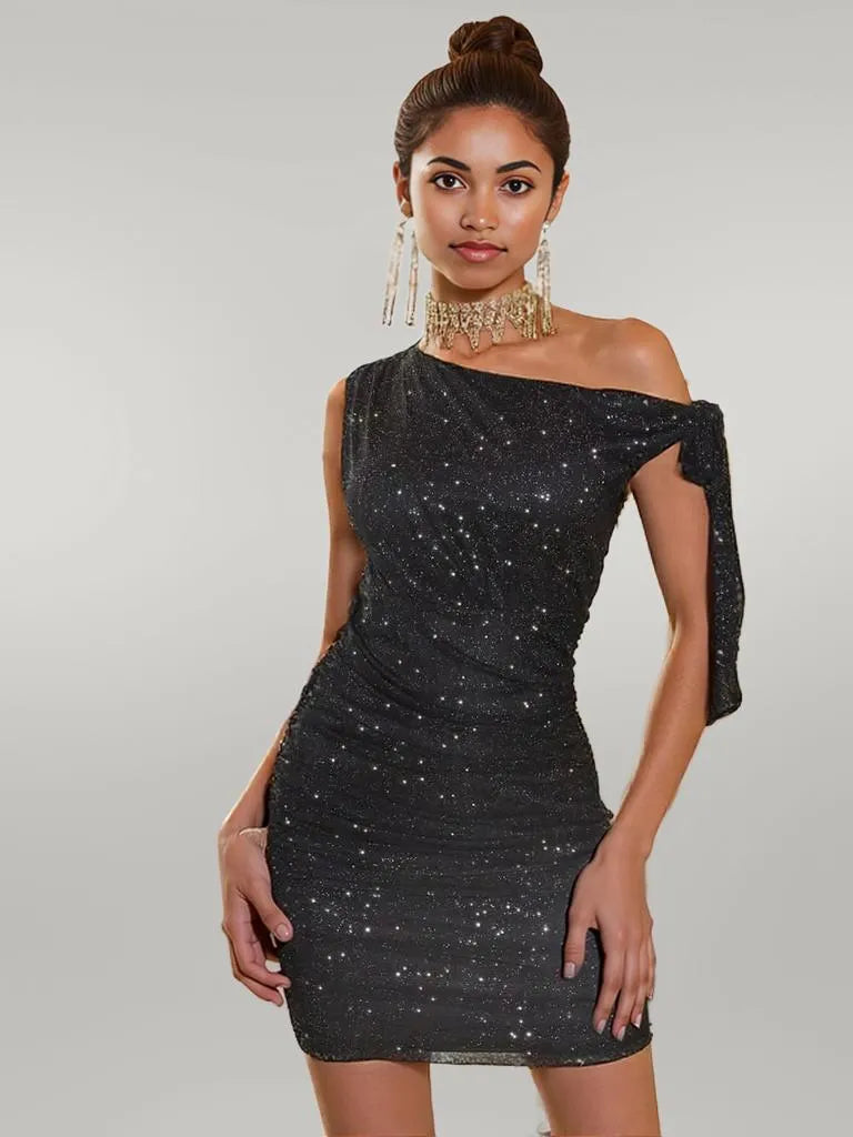 Glitter Tied One Shoulder Mini Dress