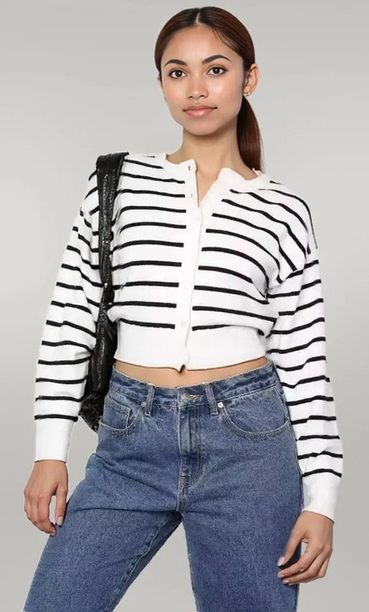 Striped Button Up Cardigan Black And White Stripes