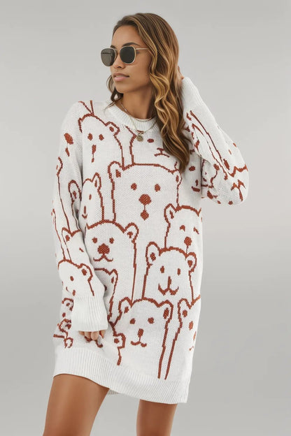 Bear Pattern Round Neck Sweater Dress