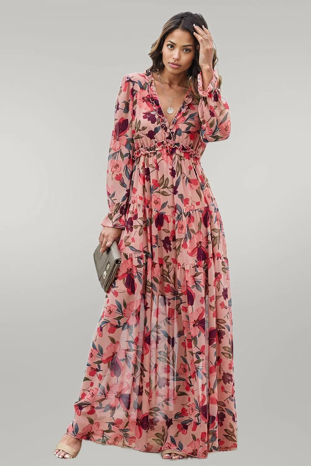 Floral Frill Trim Flounce Sleeve Plunge Maxi Dress Floral