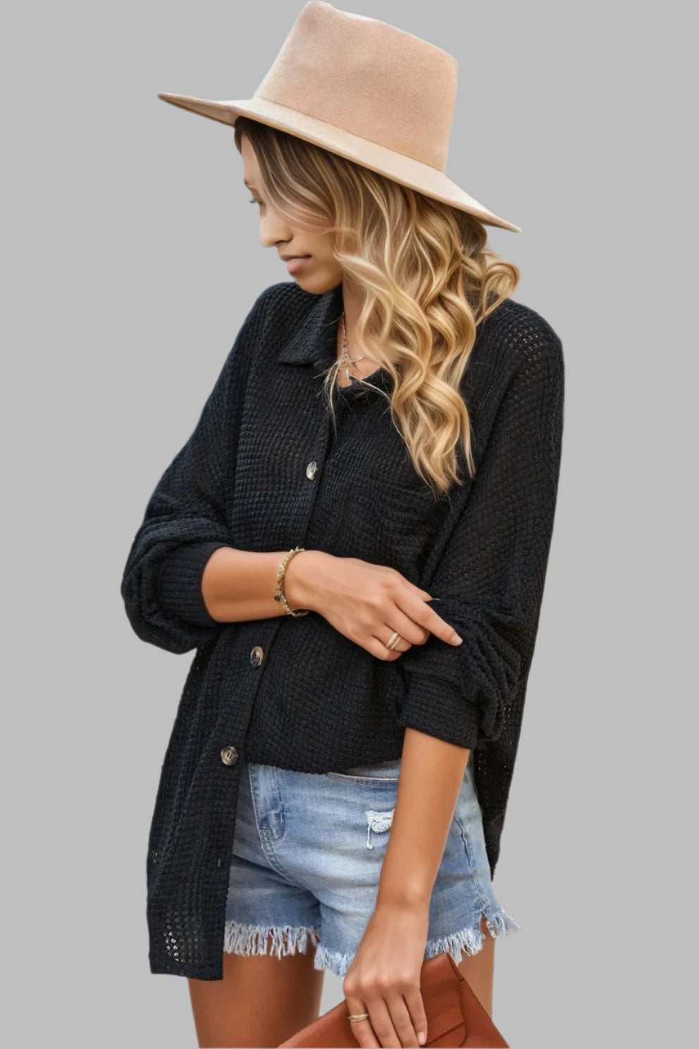 Waffle-Knit Collared Neck Dropped Shoulder Shirt