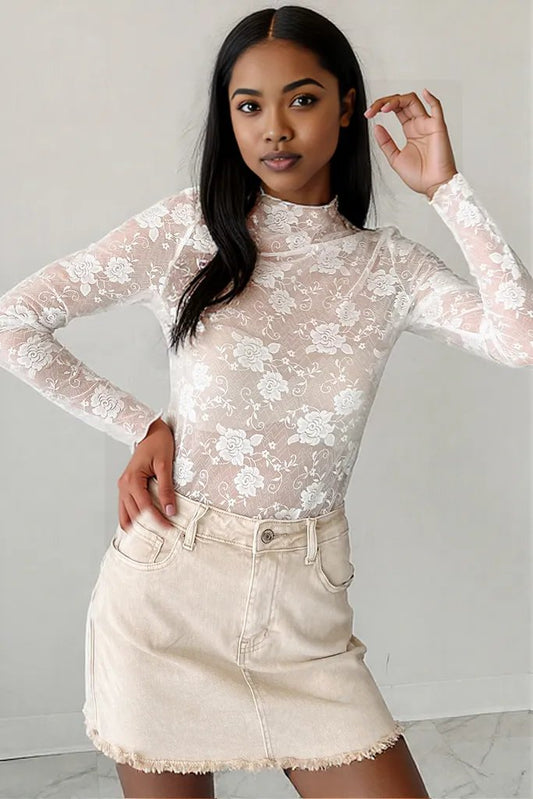 Black Sheer Floral Lace Mesh Mock Neck Long Sleeve Top