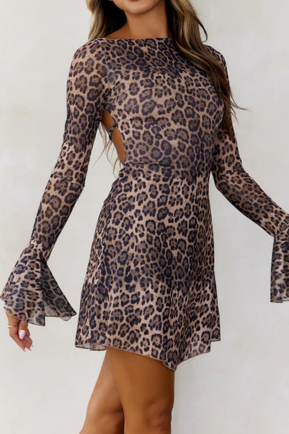 Backless Leopard Flare Sleeve Dress