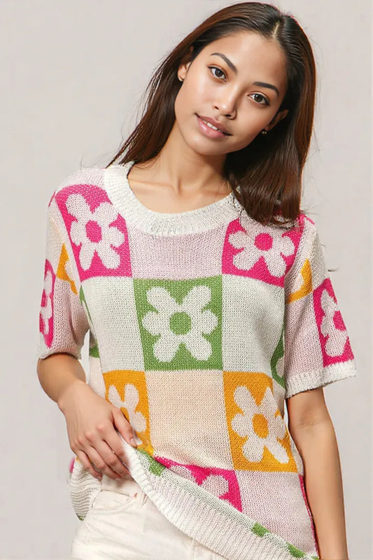 BiBi Flower Checker Pattern Lightweight Sweater Top IVRY FUCH OLIVE MUST