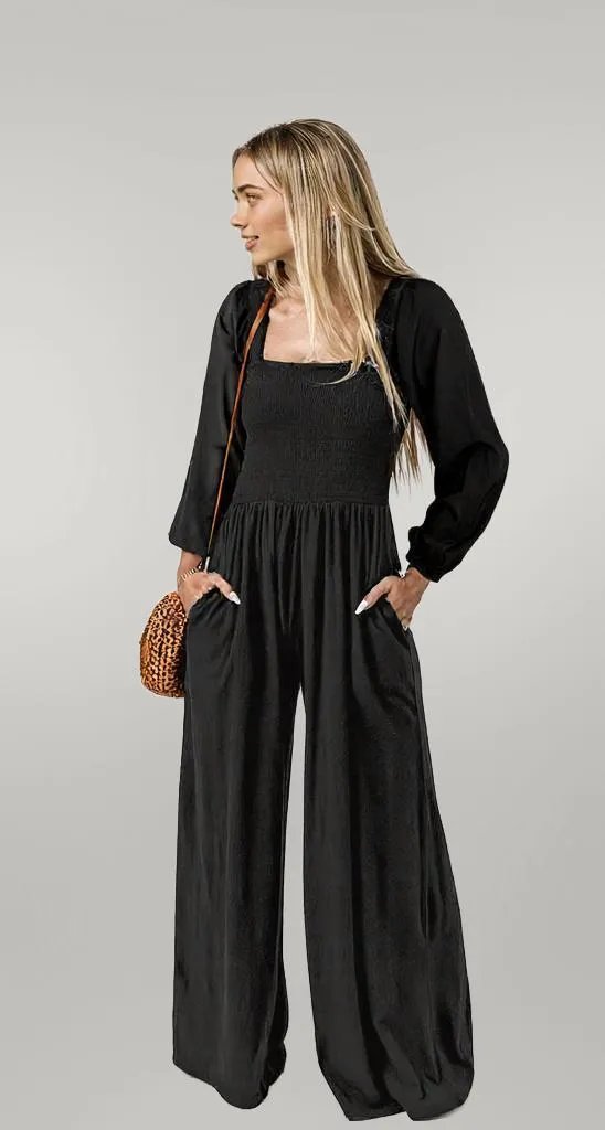 Square Neck Raglan Sleeve Jumpsuit with Pocket Black