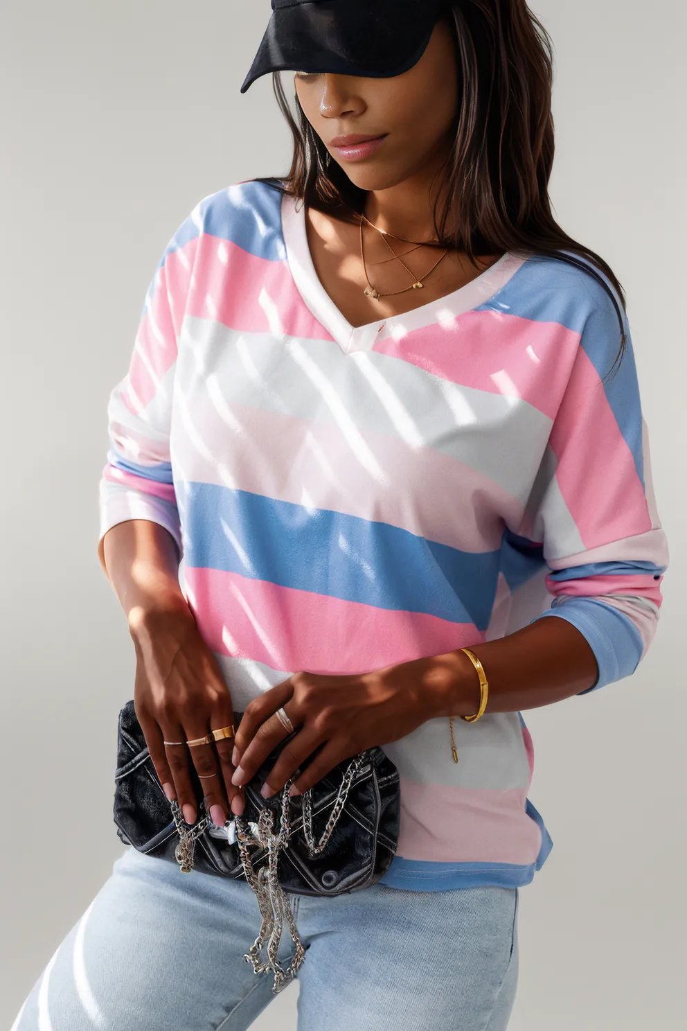 Pink Contrast Striped V Neck Long Sleeve Top