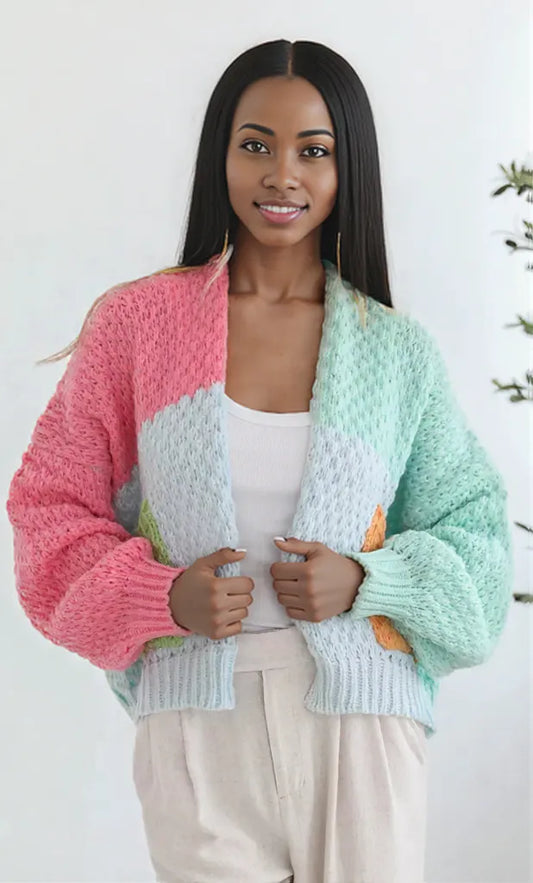 Color Block Open Front Cardigan Multicolor