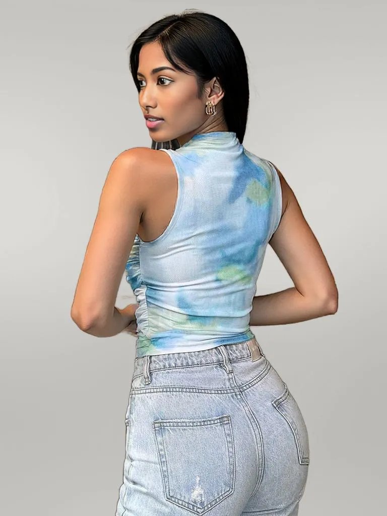 Printed Mock Neck Ruched Tank