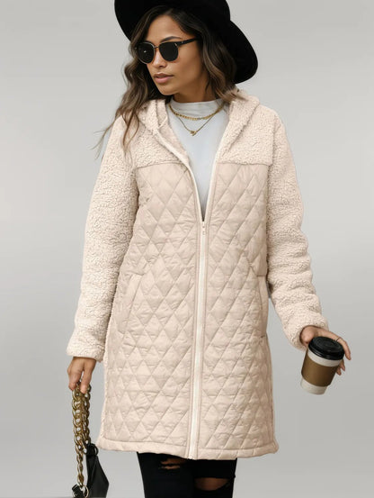 Texture Zip Up Long Sleeve Hooded Coat Eggshell