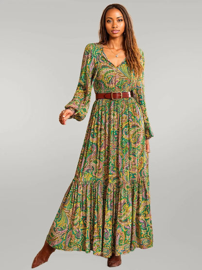 Printed Tie Neck Long Sleeve Dress