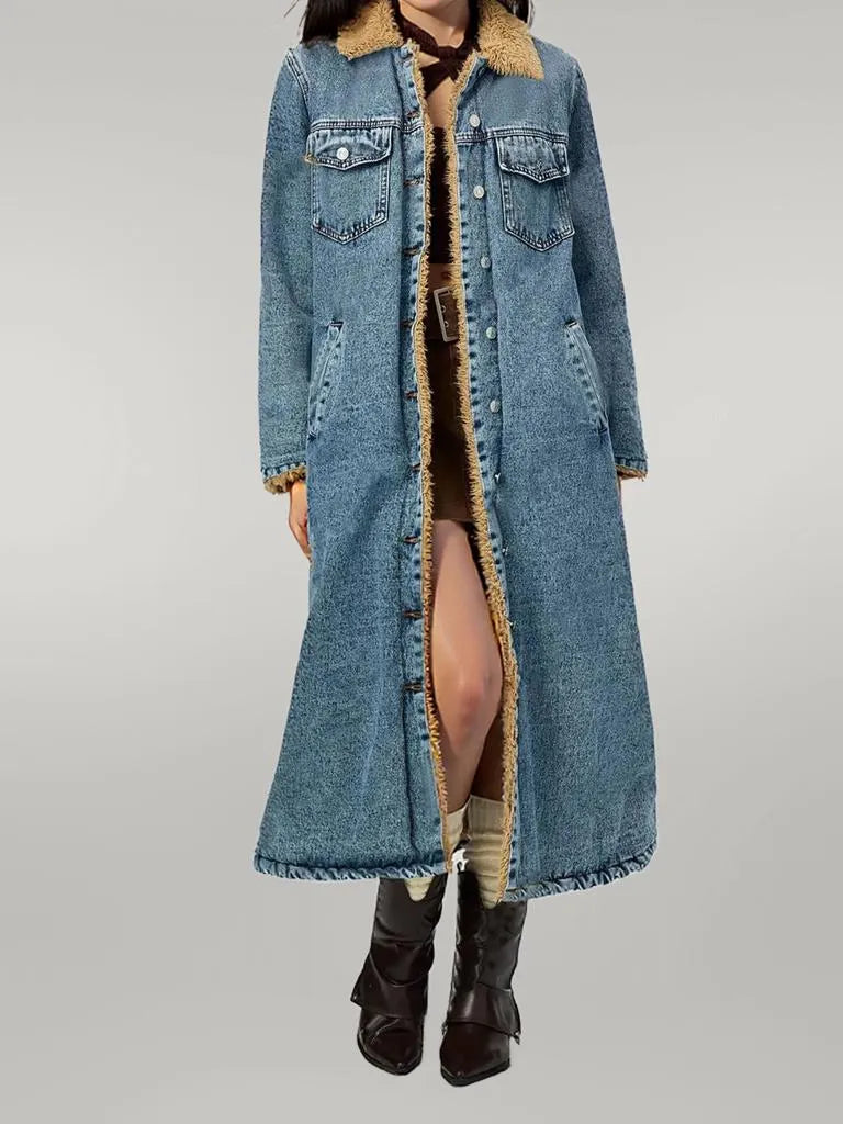 Pocketed Button Up Denim Jacket with Fur Lining Medium