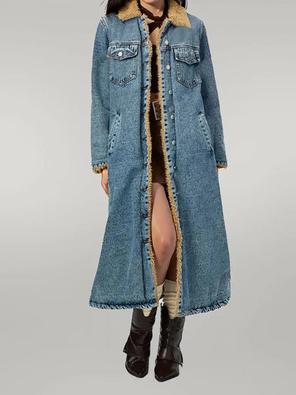 Pocketed Button Up Denim Jacket with Fur Lining Medium