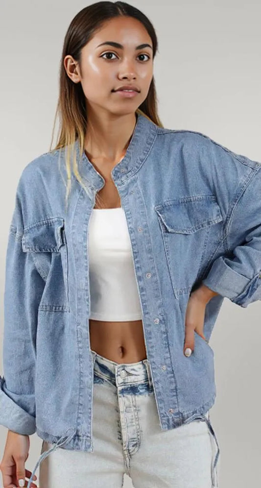 Drawstring Snap Down Denim Jacket with Chest Pockets Medium