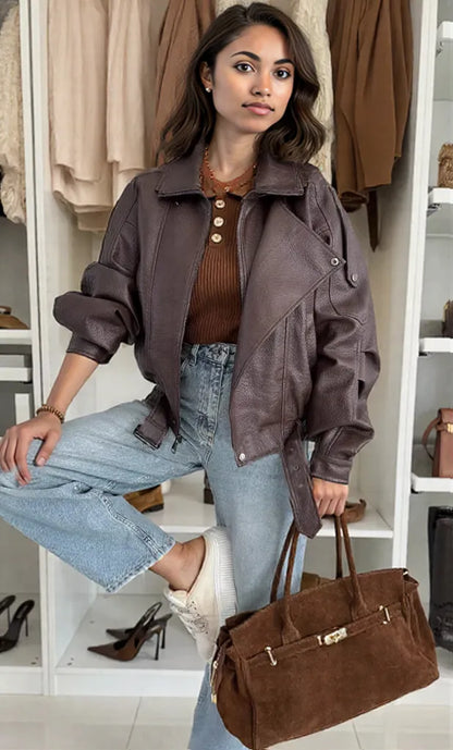 Leather Zip Up Jacket Brown