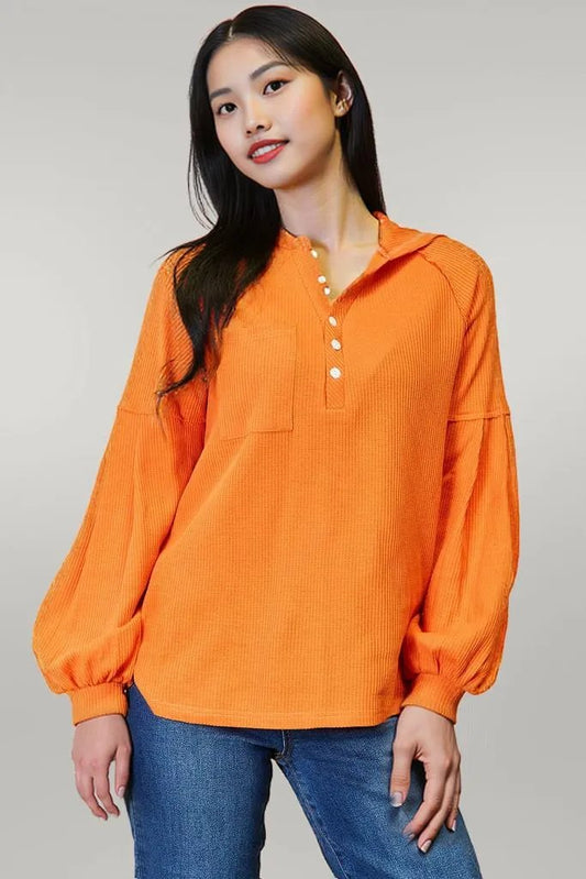 Basic Bae Side Slit Buttoned Waffle Knit Hoodie Orange