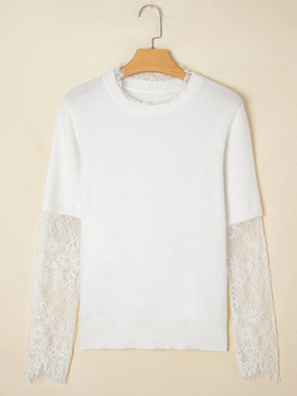 Lace Sleeve Patchwork Faux Two-piece Fuzzy Sweater