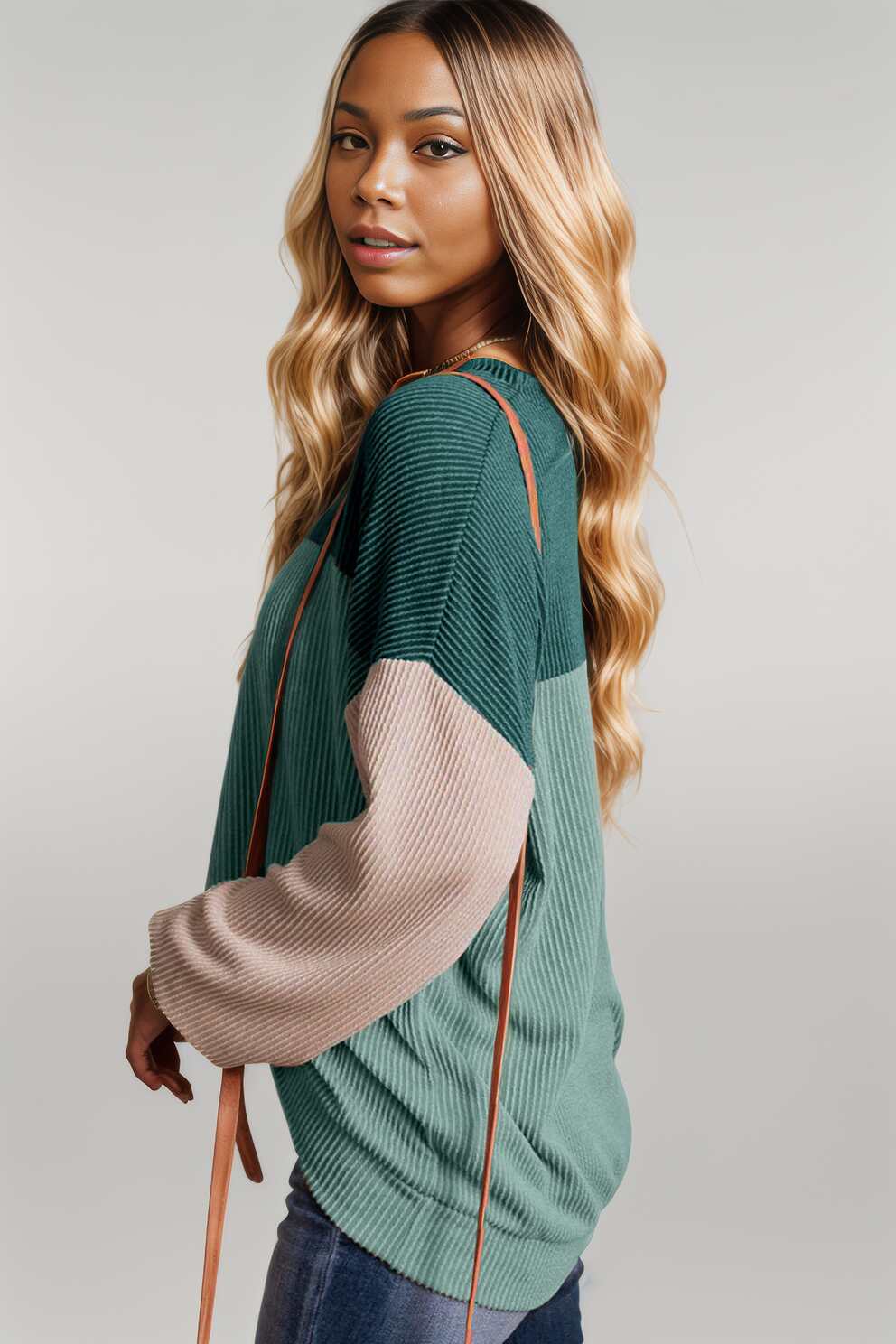 Black Color Block Long Sleeve Ribbed Loose Top