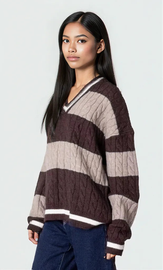 Striped Cable Knit V-Neck Sweater