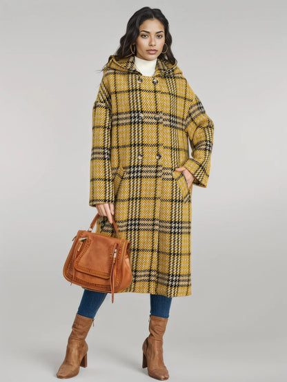 Plaid Double - Breasted Long Sleeve Longline Coat - coat - Trendsi