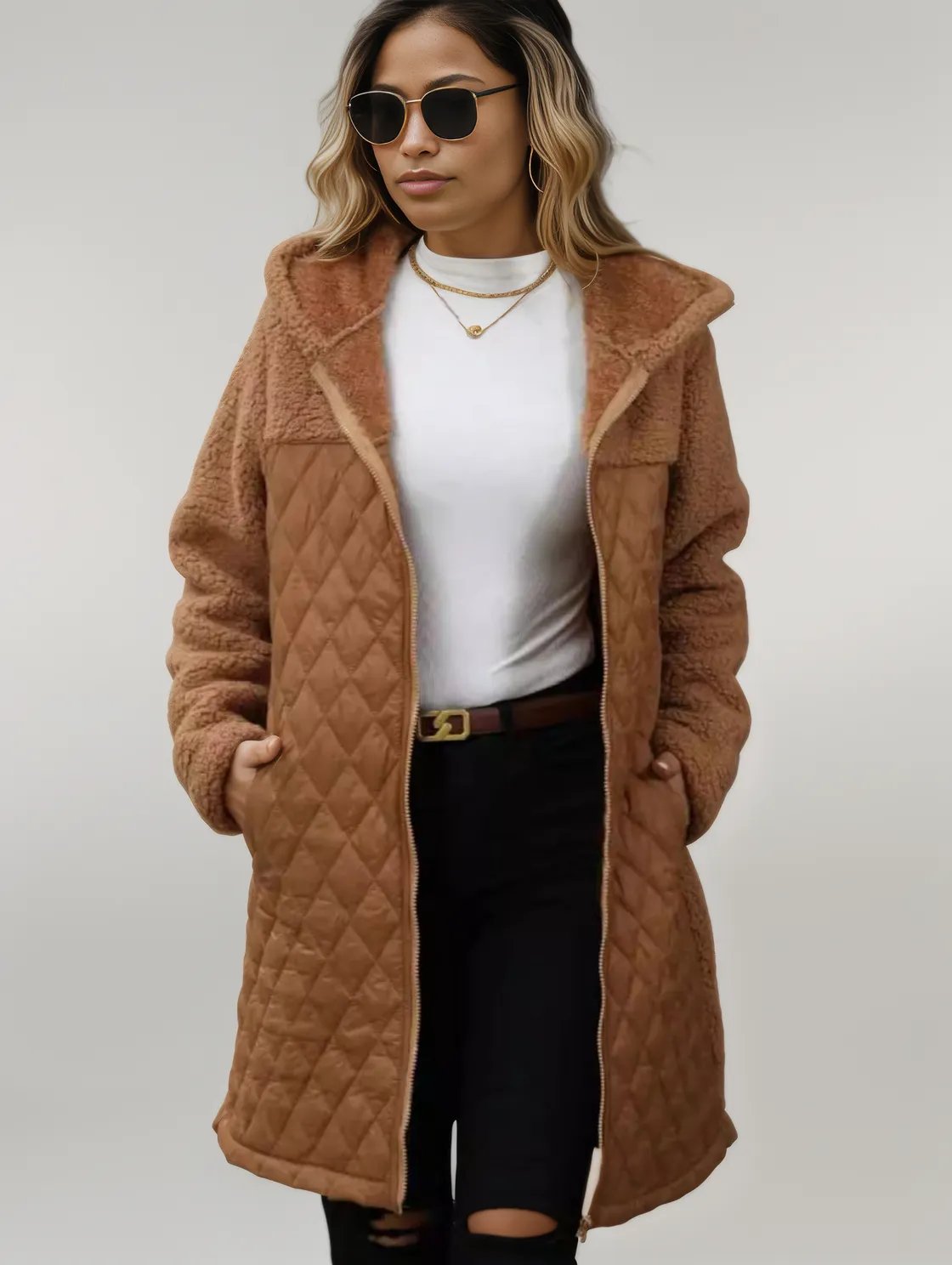 Texture Zip Up Long Sleeve Hooded Coat Caramel