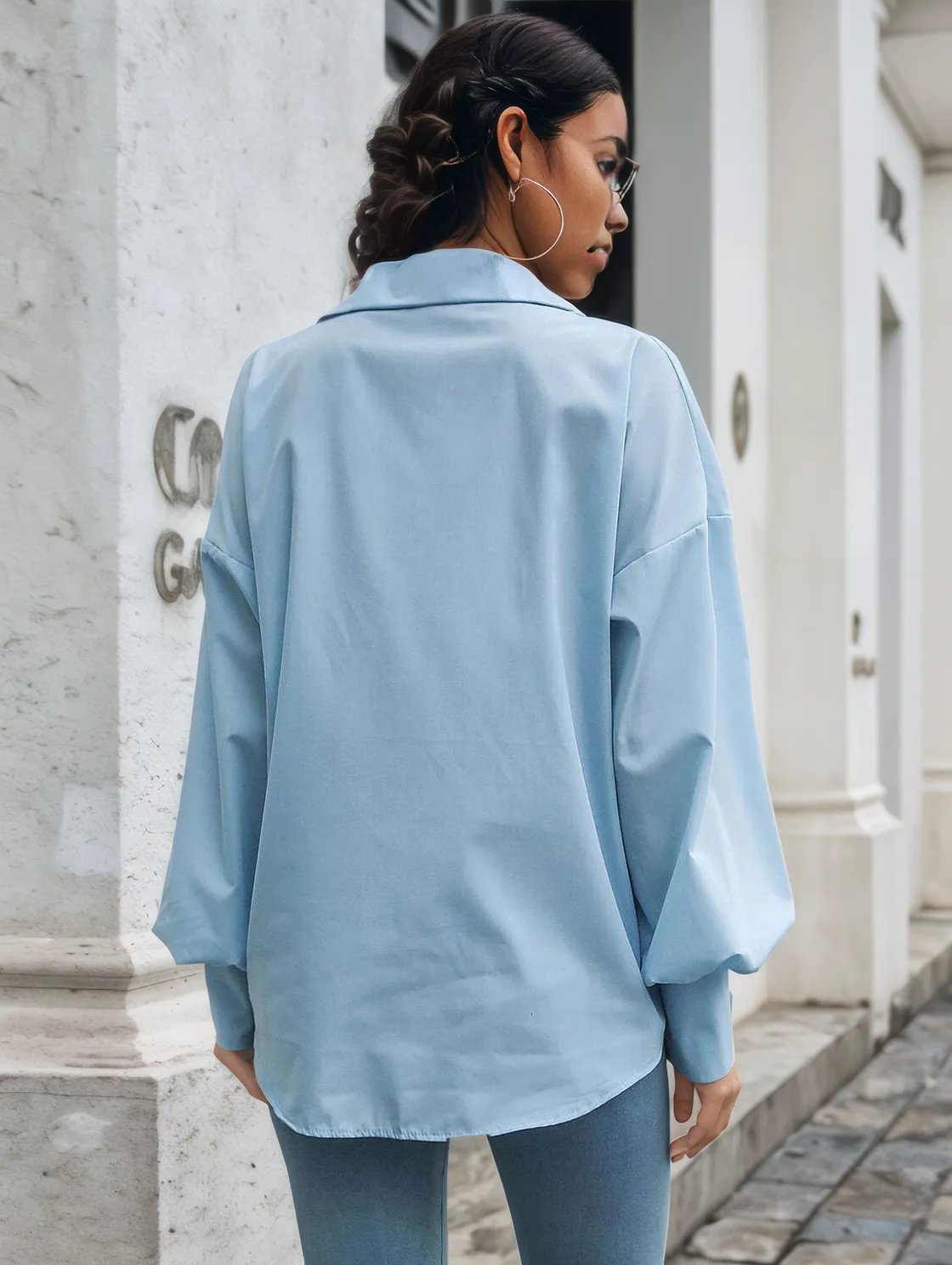 Button Up Dropped Shoulder Lantern Sleeve Shirt