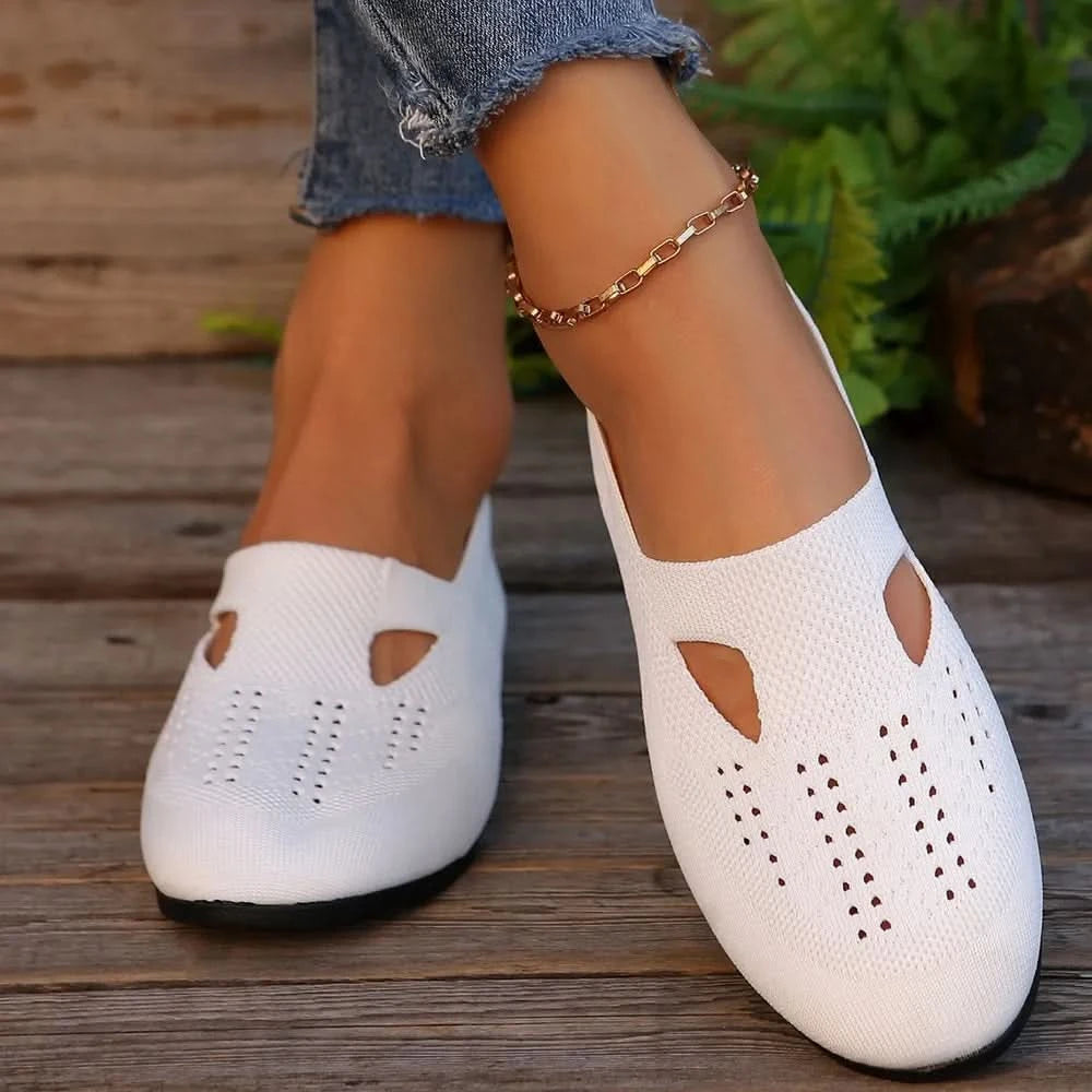 Breathable Mesh Round Toe Flat Slip-Ons White