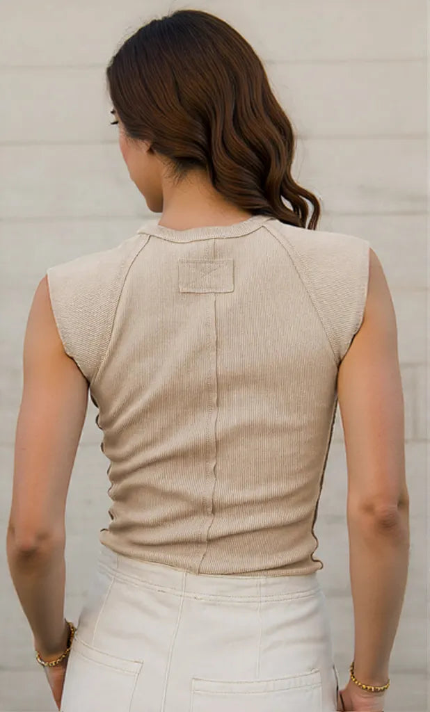 Ribbed Round Neck Slim Tank Tan