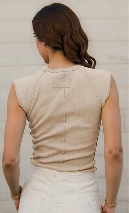 Ribbed Round Neck Slim Tank Tan